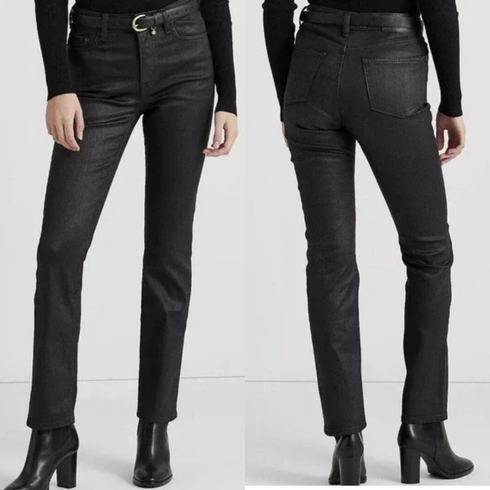 Ralph Lauren Denim Jeans Coated Pants High Rise Ankle Straight Black Label 8